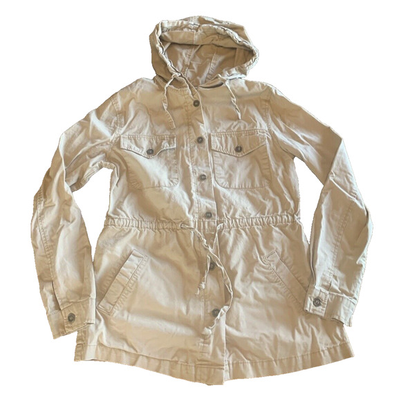 Love Tree Free People Canvas Cargo Coat Womens Small Cream Hooded Utility Jacket - Picture 1 of 14